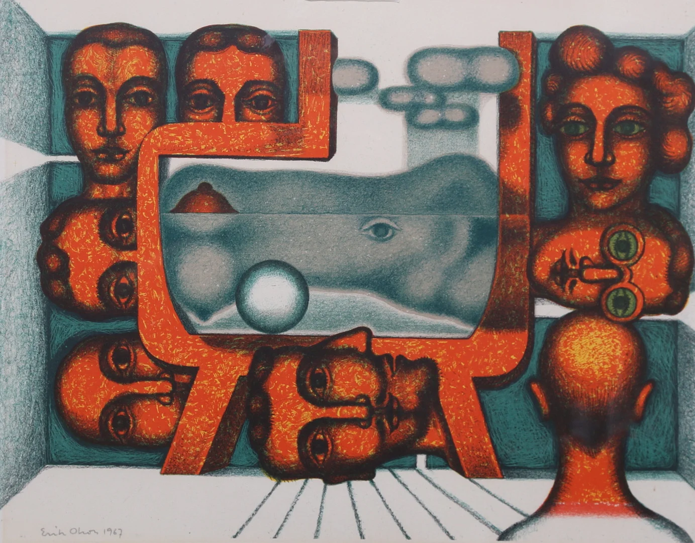 ERIK OLSON. "Samling vid TV-skärmen". Färglitografi, signerad, numrerad 238/310 och daterad 1967. — Engravings & Prints — Gomér & Andersson Linköping
