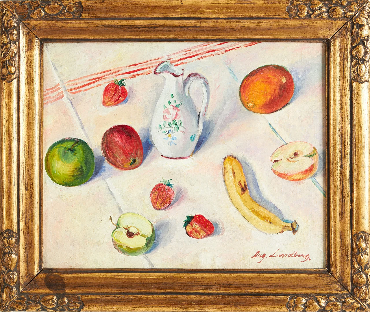 AUGUST LUNDBERG. Stilleben med frukter och kanna. — Paintings — Stockholms Auktionsverk Magasin 5