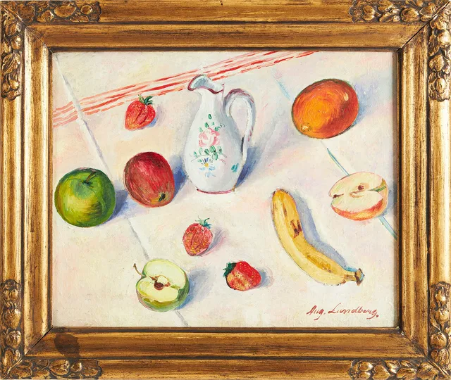 AUGUST LUNDBERG. Stilleben med frukter och kanna.
