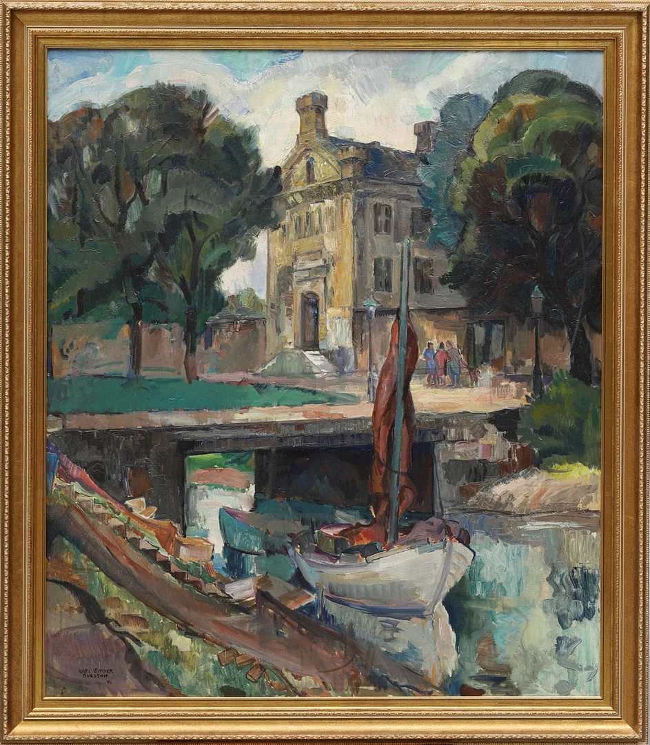 KARL ENOCK OHLSSON. Kanalmotiv med hus, båt och figurer. Signerad och daterad -46. — Paintings — Crafoord Auktioner Malmö