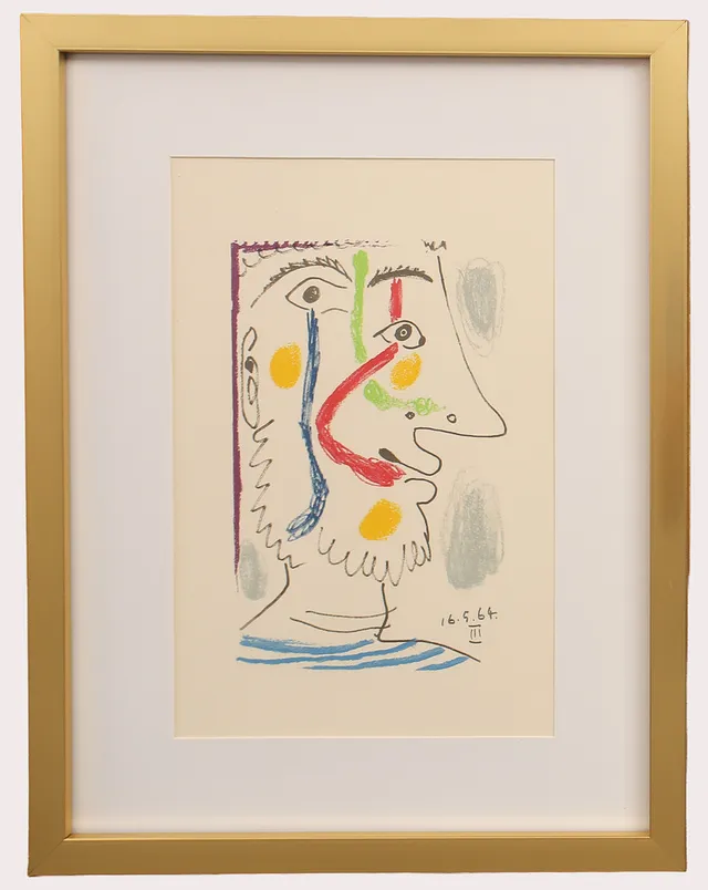 PABLO PICASSO. Efter, färglitografi , mansporträtt märkt 16.5.64 III, ur "LE GOUT DU BONHEUR" , Schünemann år 1970. Nr 403.