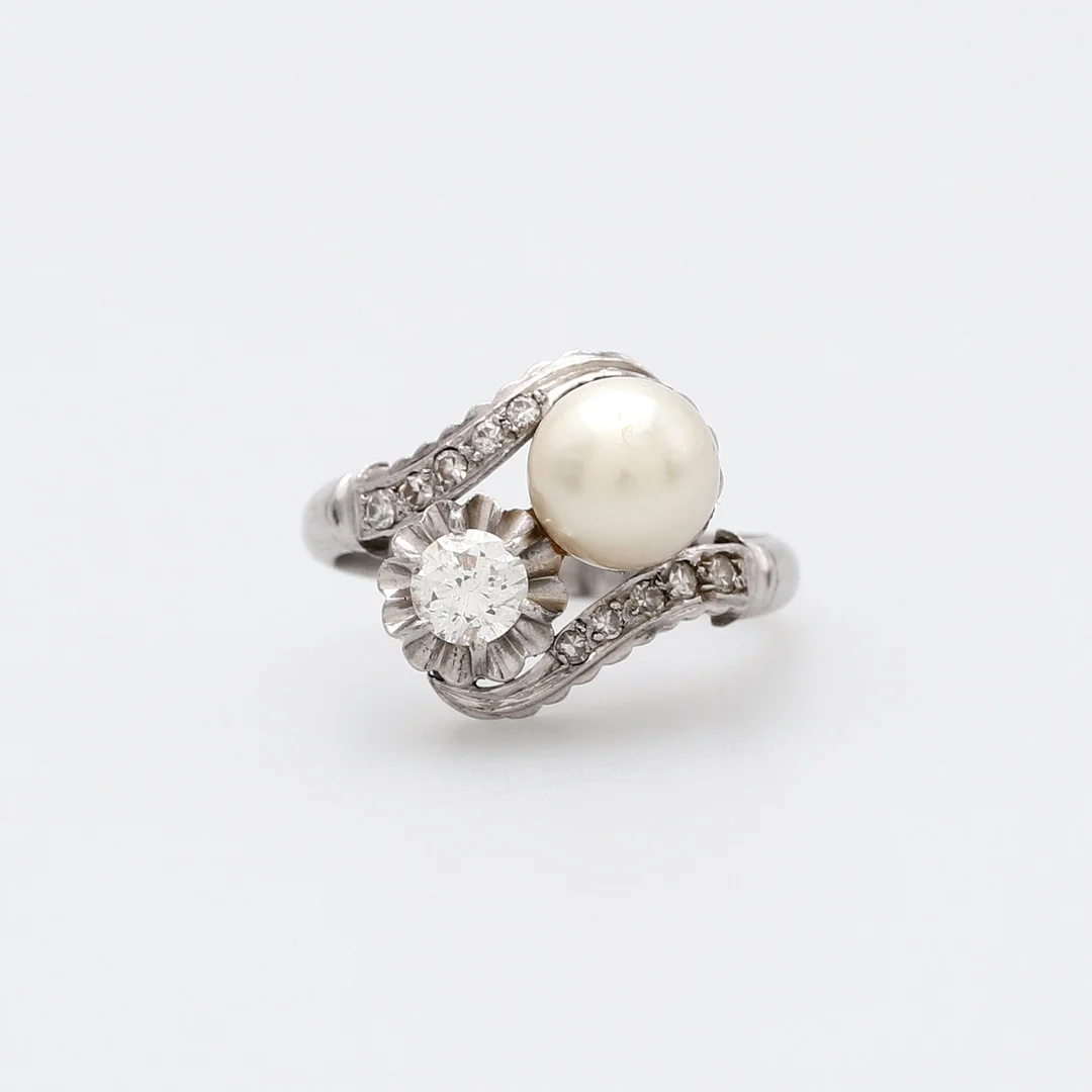 Pearl and diamonds you and me ring, mid 20th Century. — Rings — Balclis