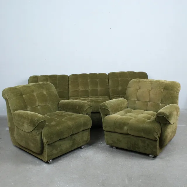 3-teiliges Modulsofa / Couch mit zwei Sessel der 1970er, Samt.