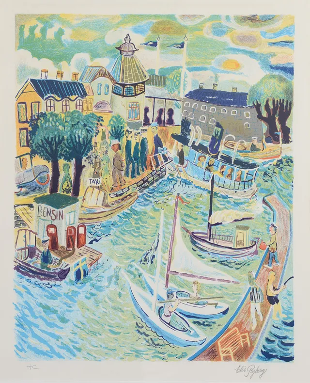 ELIS RYDBERG. Vaxholm, färglitografi, signerad.