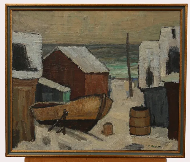 ERIC HANSEN. Olja på duk, fiskestugor vid havet, signerad.