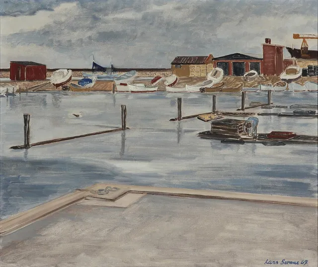 Frederikshavn Harbor, 1967. Signed Lars Swane 67. Oil on canvas. 55×65 cm.