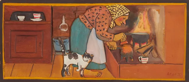 HAMPE SVANBERG. Interiör allmoge, relief, kolorerad träskuren, signerad HHS, á tergo med påskrift datering 1933.