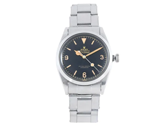 ROLEX, Oyster Perpetual, Explorer (Swiss), Chronometer, s.k. "Gilt Dial", Ref nr. 6610, Serie nr. 168641, Cal 1030, Verk nr. N694034, Boett nr. 6610 (II.56), herrur, 36 mm, stål, automatisk, plexiglas, skadad krona/kronhals, Oysterlänk (Flushfit/defekt/utbytta delar), viklås, Ref nr. 1.57/58, tillverkad andra kvartalet 1956.
