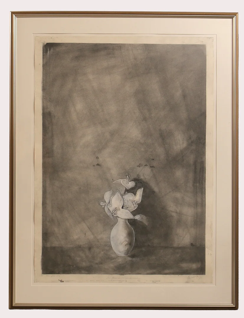 CURT FORS. Kolteckning "Des Fleurs en Plastique de Schulaz" Paris Juni 1983. — Engravings & Prints — Limhamns Auktionsbyrå