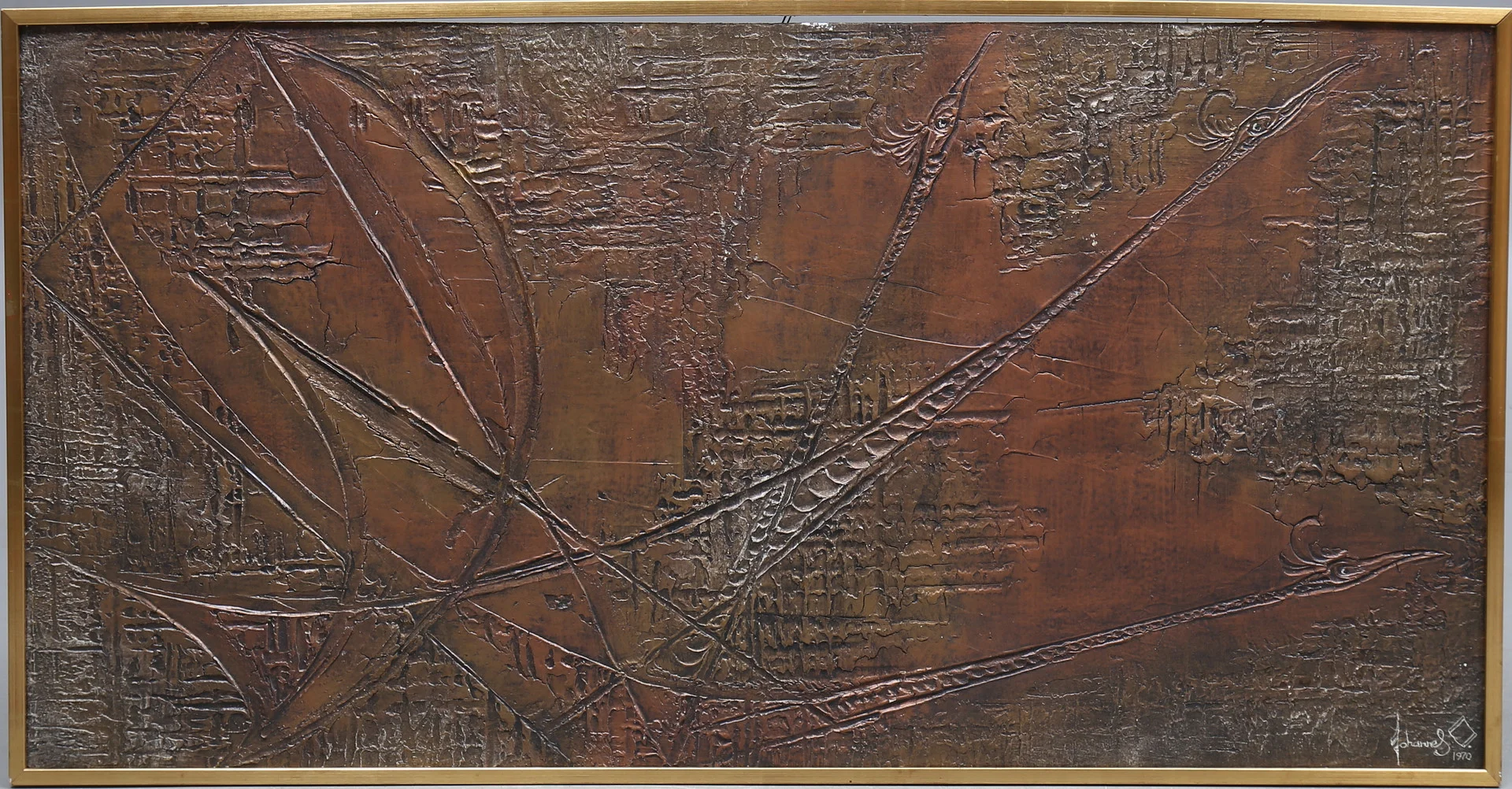 JOHANNES OLSSON. "Urfåglar", blandteknik på pannå, signerad och daterad 1970. — Paintings — Auktionshuset Kolonn