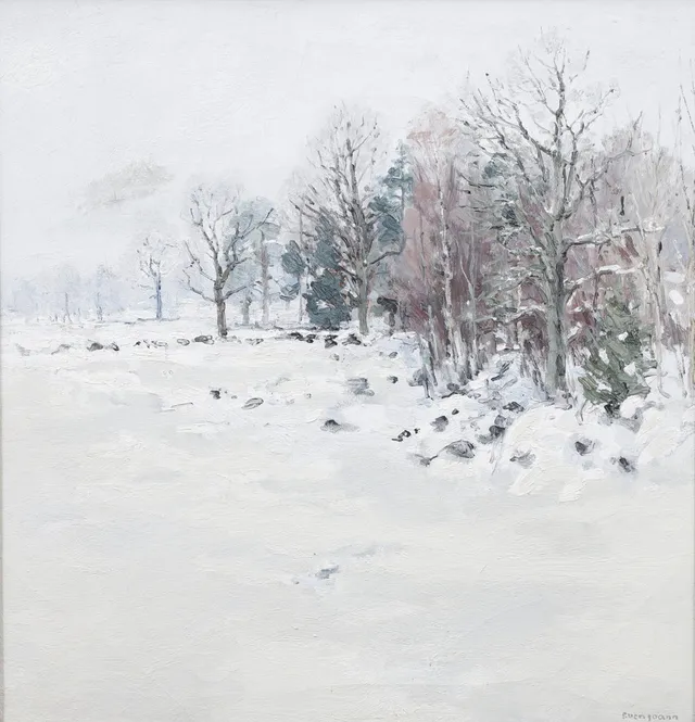SVEN JOANN. "Skogsbryn, vinter", olja på duk, signerad och daterad a tergo 1960.