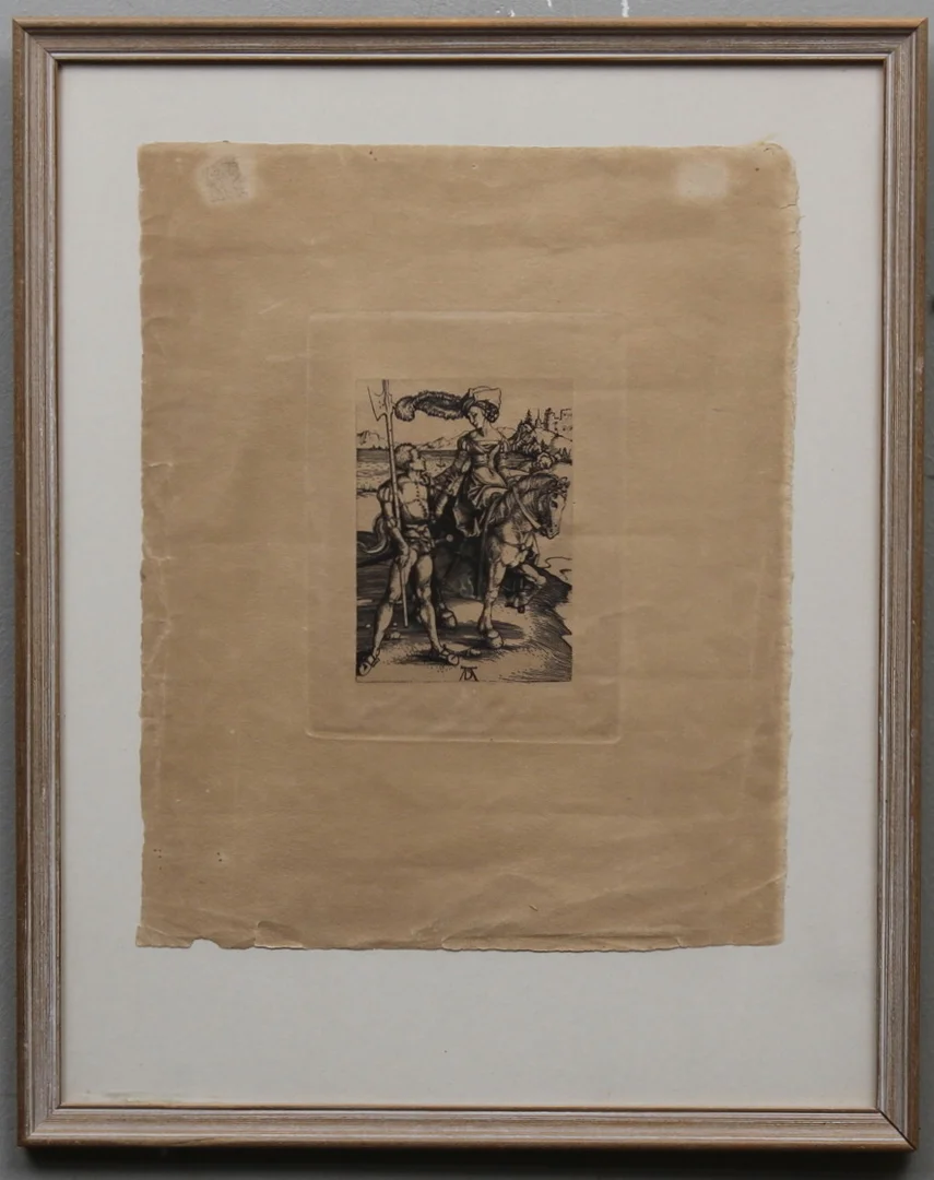 ALBRECHT DÜRER. EFTER. Motiv med krigare och skön dam. Etsning. Monogramsignerad i plåten AD. — Engravings & Prints — Gomér & Andersson Linköping