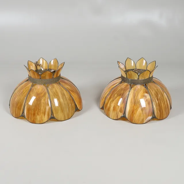 A PAIR OF STAINED GLASS CEILING LIGHTS.