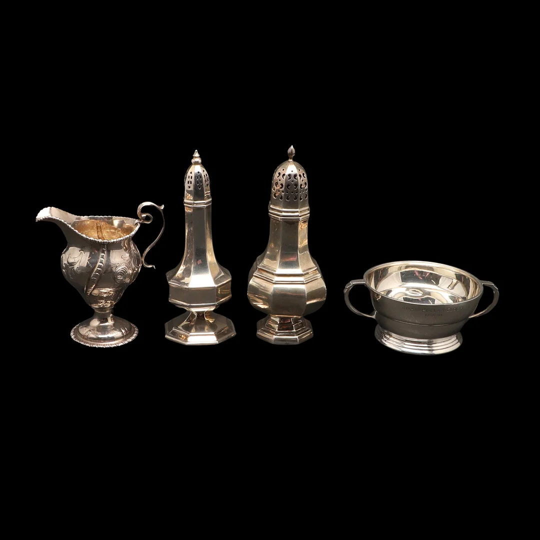 TWO SILVER SUGAR SHAKERS, SUGAR BOWL AND MILK JUG. — Silver — Lawrences Auctioneers