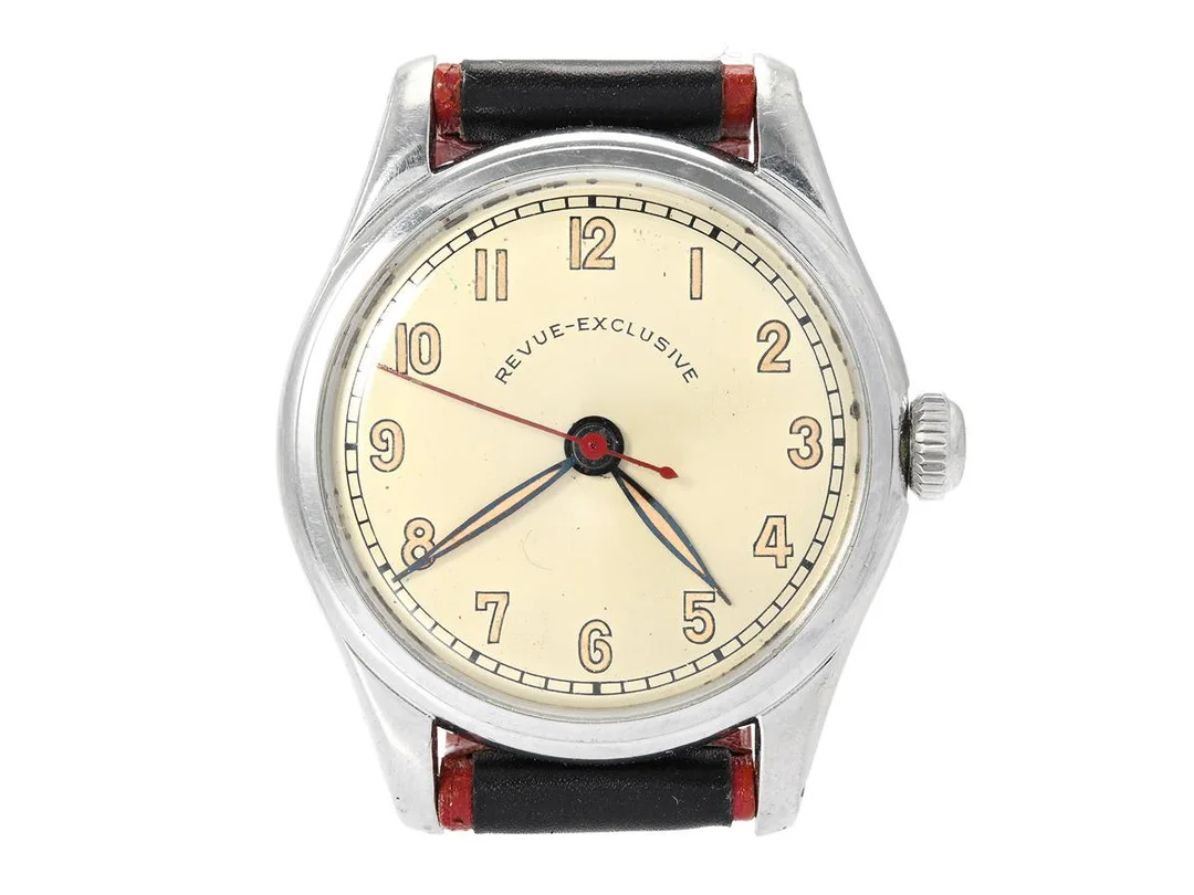 REVUE-EXCLUSIVE, herrur, 32 mm, Boett nr. 278058, stål, manuell, plexiglas, gravyr, läderband, ca 1947. — Klockor/Revue Thommen — Kaplans