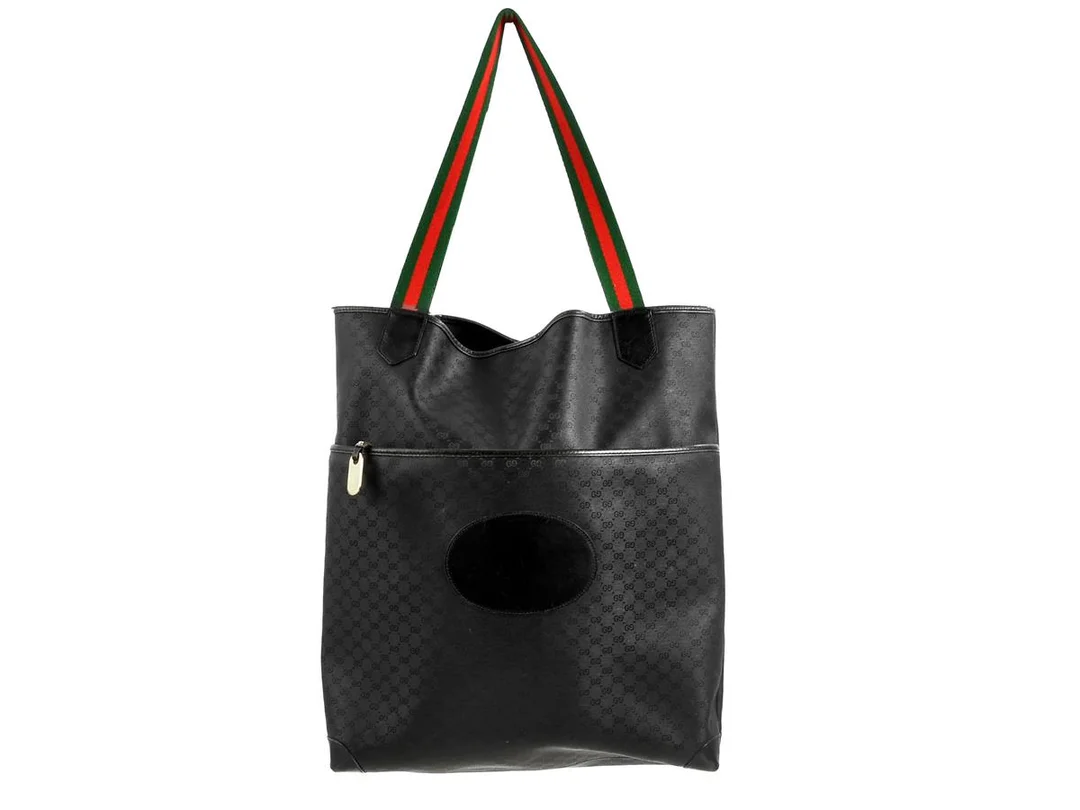 VÄSKA, GUCCI, Shopping bag, vintage, GG, svart läder, Web, grön, rött tyg, 32x39x8 cm, slitage. — Accessoarer/Väskor — Kaplans