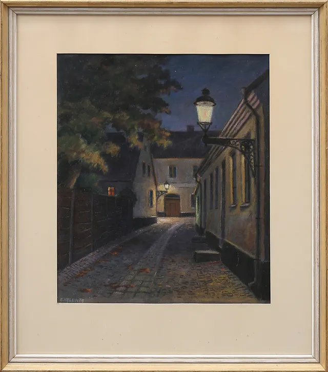 EDDIE VALENTA. pastellteckning, motiv från Lund, signerad.