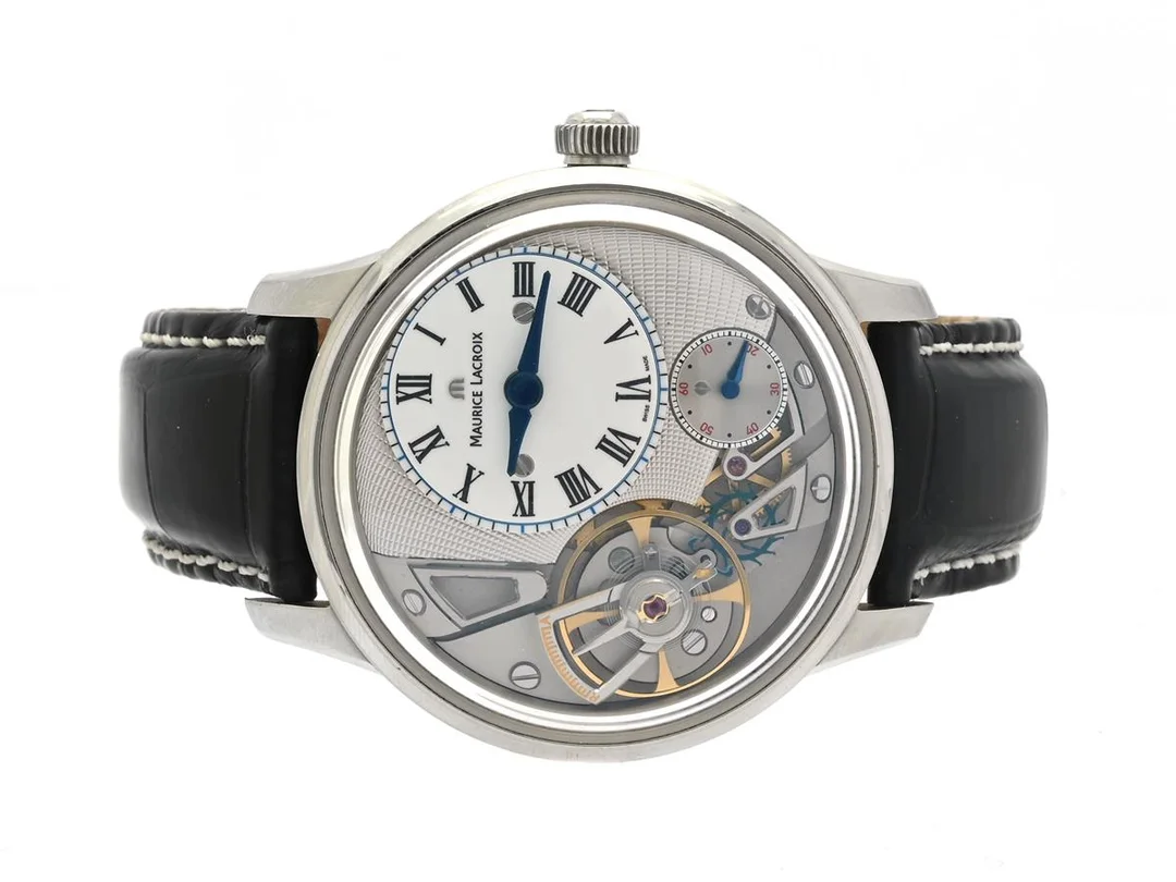 MAURICE LACROIX, Masterpiece Gravity, Cal ML230, Serie nr. 153/250, Ref nr. MP6118-SS001-110-2, Boett nr. MP6118, herrur, 43 mm, stål, automatisk, safirglas, liten sekundvisare, glasbaksida, läderband, viklås, ca 2015, box. Limiterad och numrerad (Nr. 153/250). — Klockor/Maurice Lacroix — Kaplans