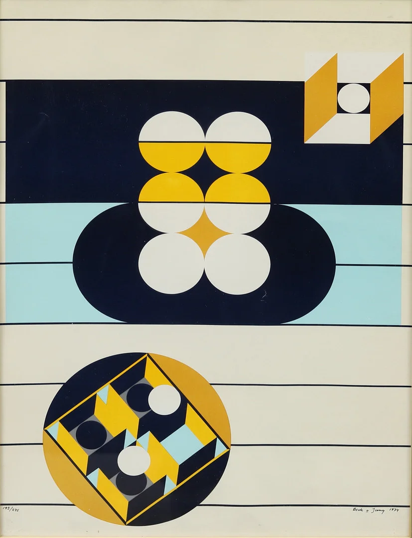 BECK & JUNG (HOLGER BÄCKSTRÖM 1939-1997 - BO LJUNGBERG 1939-2007). Komposition, färglitografi nr 193/275, signerad och daterad 1974. — Engravings & Prints — Garpenhus Auktioner