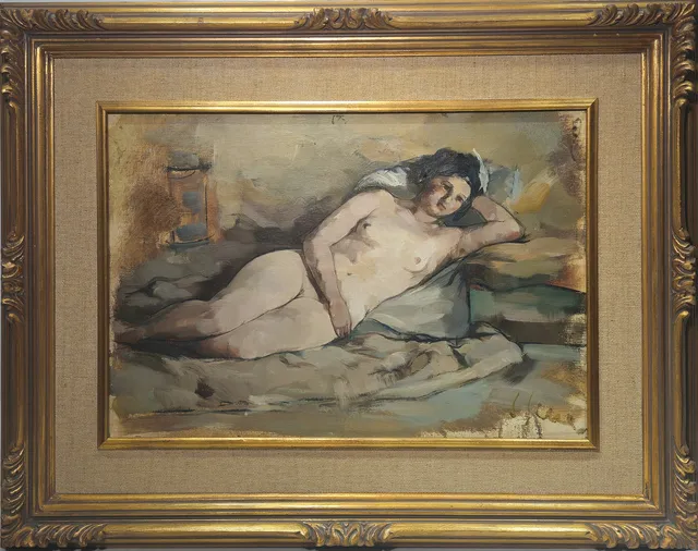 JOAN SERRA MELGOSA. Mujer recostada, óleo sobre lienzo.