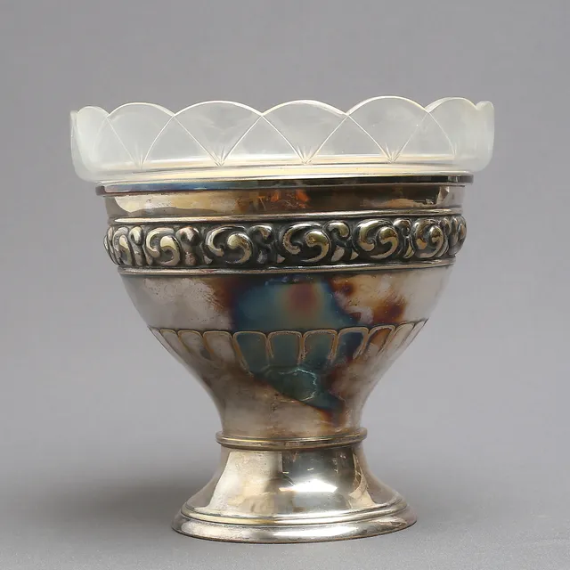 SKÅL, nysilver, med glasinsats, jugend, Danmark, tidigt 1900-tal.