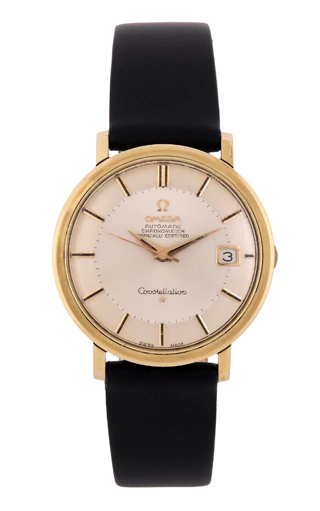 Constellation “Hidden Crown” of gold-plated steel, ref. 168.004. Mechanical movement with automatic winding and date indication, cal. 561. Ø 35.5 mm. 1964.