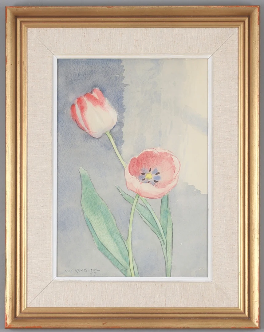 OLLE HJORTZBERG. Tulpaner, akvarell, signerad och daterad 57. — Paintings — Stadsauktion Sundsvall