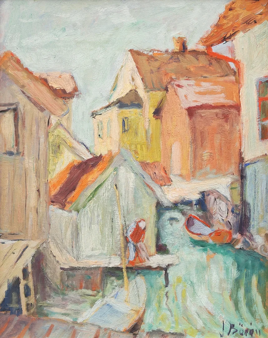 JOHN BÖRÉN. Skärgårdshamn, Bohuslän, olja på pannå, signerad. — Paintings — Garpenhus Auktioner