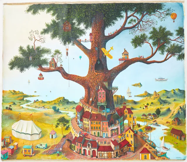 ULF HINDERS. Motiv med cirkus, olja på duk, signerad, ca 215x240 cm.
