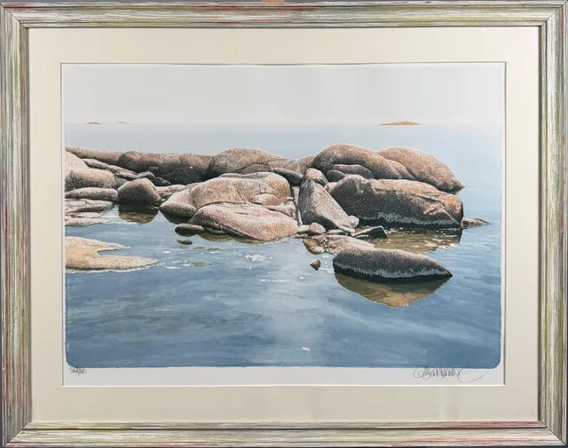 GÖRAN HAHNE (Född 1943). Skärgårdsmotiv, färglitografi, signerad numrerad 316/360, bildmått ca 52x76 cm.