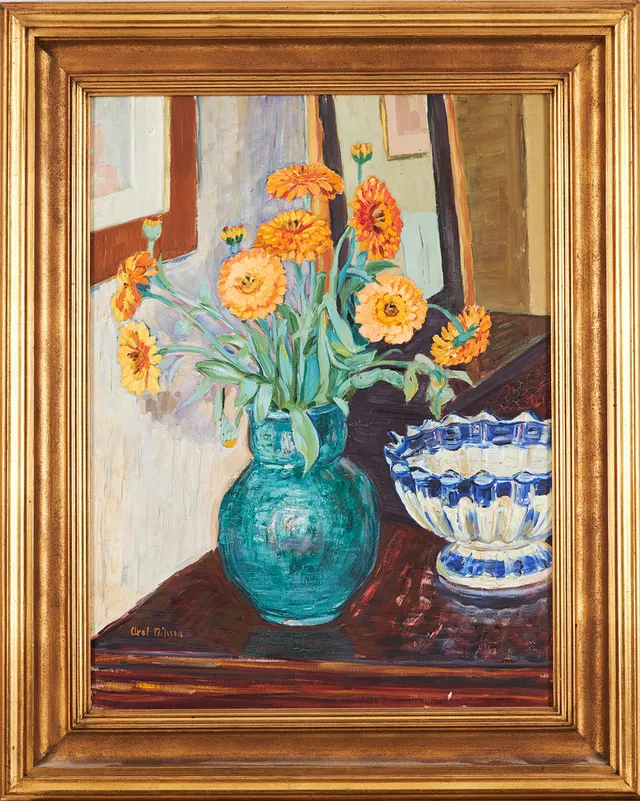 AXEL NILSSON. Stilleben med ringblommor, oljemålning på duk, signerad, a tergo signerad och daterad 1933.