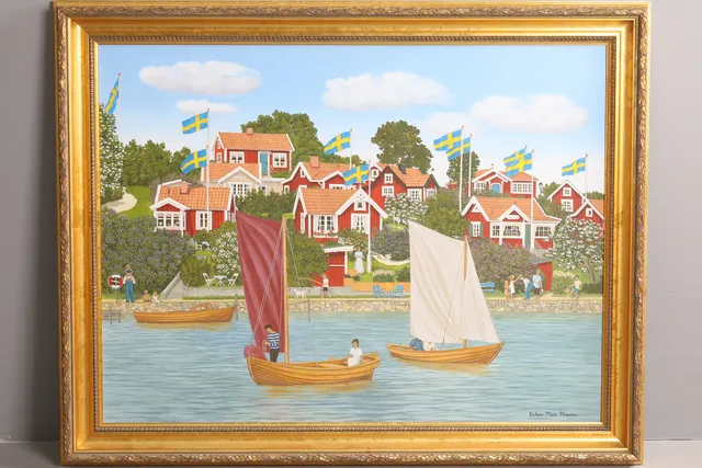 ERKERS MARIE PERSSON. AKRYL PÅ PANNÅ. Stugidyll, signerad 2007.