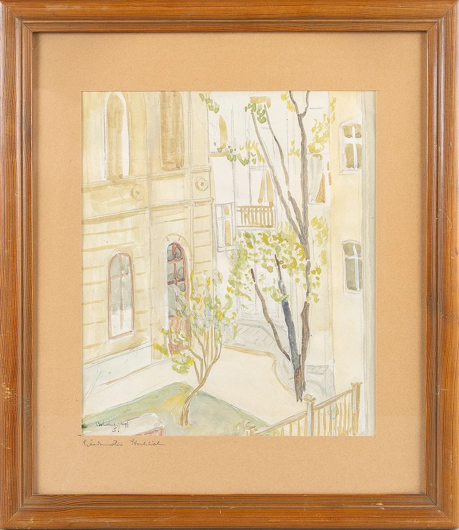 BO VON ZWEIGBERGK. "Gårdsmotiv Stockholm", blandteknik på papper, signerad -25. — Paintings — Stockholms Auktionsverk Helsingborg