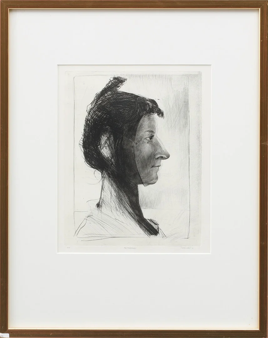 JORDI ARKÖ. "Porträttmask", torrnål, signerad, ET. — Engravings & Prints — Göteborgs Auktionsverk