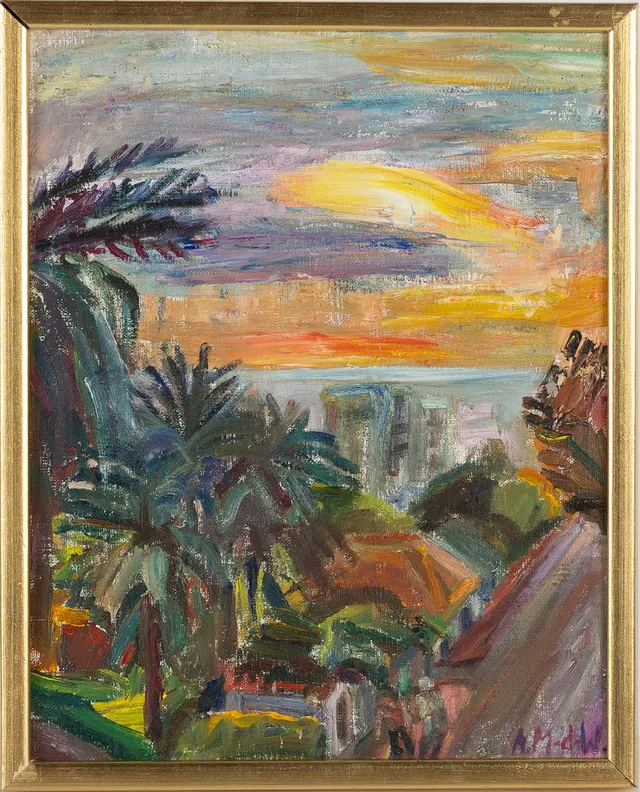 ASTRID MUNTHE DE WOLFE (SVERIGE, STOCKHOLM, FÖDD 1926). Olja på duk, "Kvällsgata II Madeira", signerad.