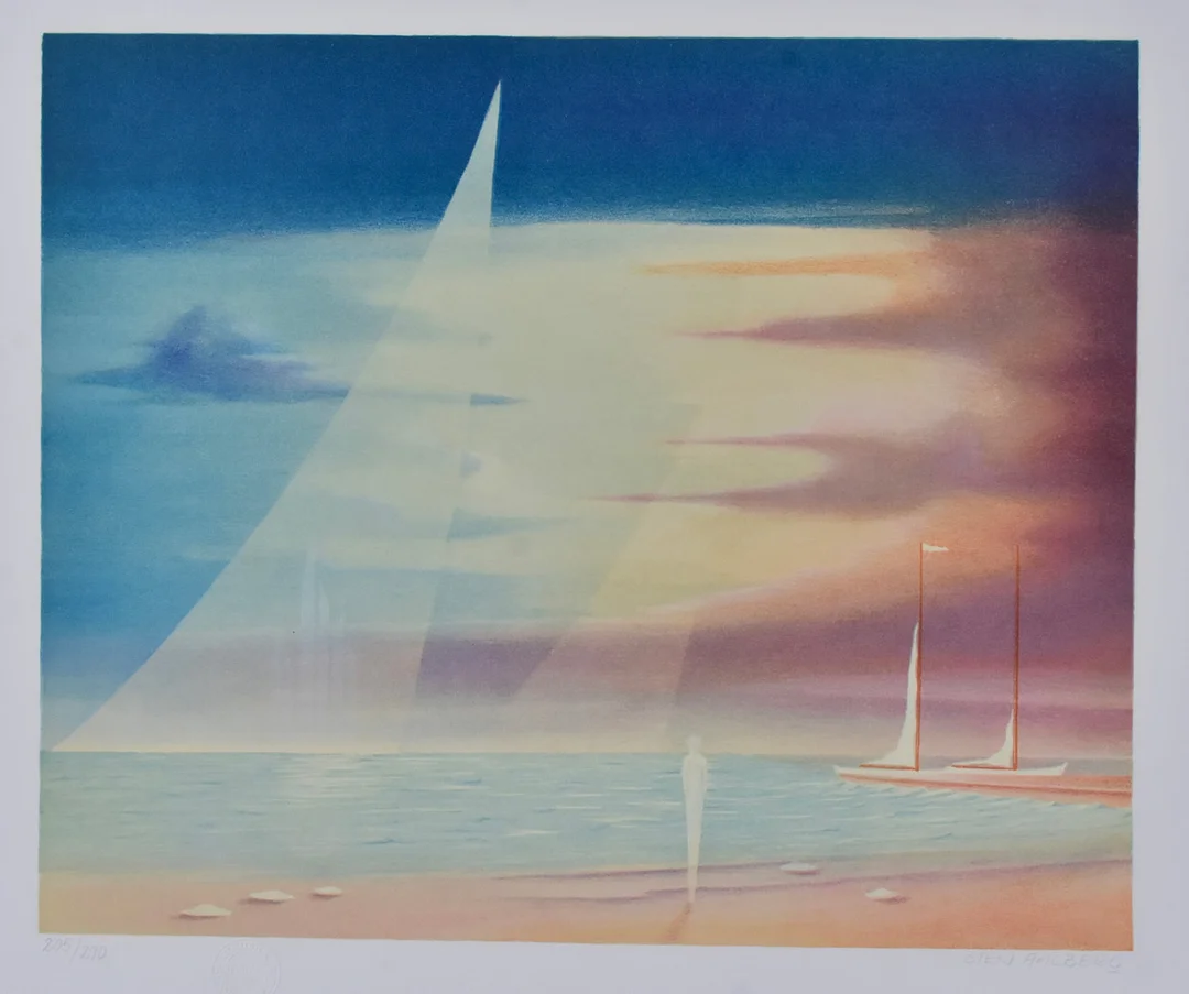 STEN AHLBERG. färglitografi, surrealistisk strandbild. — Engravings & Prints — Halmstads Auktionskammare