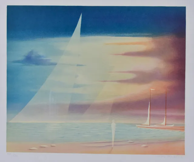 STEN AHLBERG. färglitografi, surrealistisk strandbild.