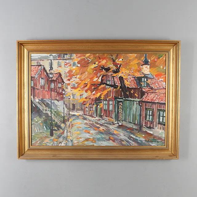 OLOF BENANDER. Lotsgatan Södermalm, olja på duk, signerad.