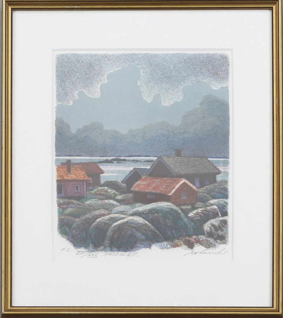 ROLAND SVENSSON. Färglitografi, "höstkväll", signerad samt numrerad. — Engravings & Prints — Södermanlands Auktionsverk