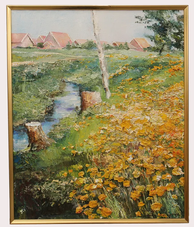 KRISTINA ASSARSSON. Impastomåleri på duk, blommor vid bäck framför husfasader, signerad.