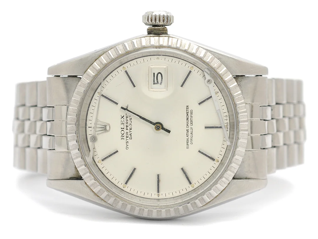 ROLEX, Oyster Perpetual, Datejust, Chronometer, Ref nr. 1603, Serie nr. 2136815, Cal 1570, Verk nr. D340824, Boett nr. 1603, herrur, 36 mm, stål, automatisk, plexiglas, datum, skadad urtavla, defekt, skadad boett, Jubileelänk, viklås. Ref nr. 6251H-4.69/55, tillverkad första kvartalet 1969. — Klockor/Rolex — Kaplans