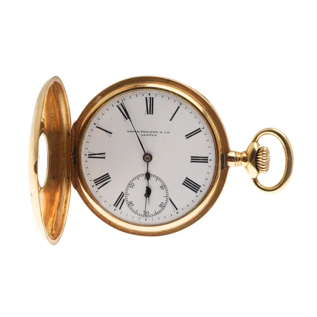 AN 18CT GOLD HALF HUNTING CASED POCKET WATCH BY PATEK PHILIPPE.