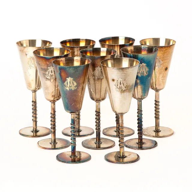 TORE ELDH. Snapsglas, 9 st, silver, Göteborg, 1949.