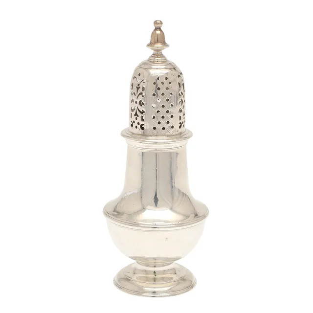 A GEORGE II SILVER SUGAR CASTER.