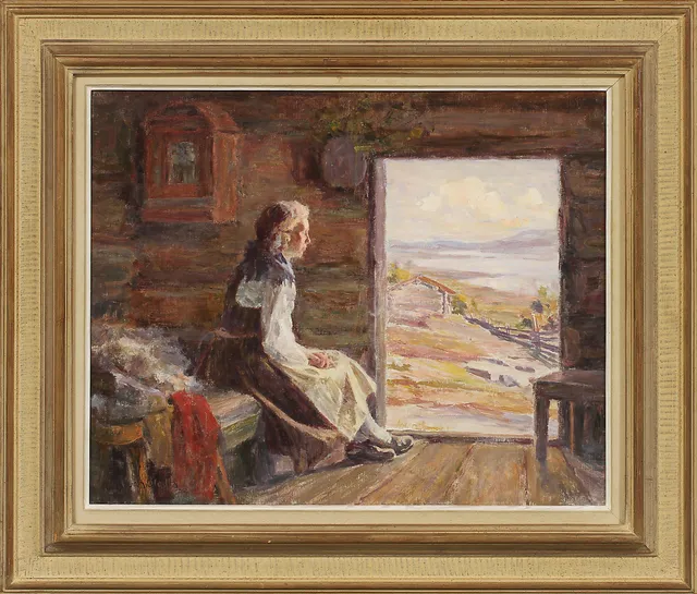 JOHAN BLADH. Vy och kvinna i folkdräkt, olja på duk, signerad.