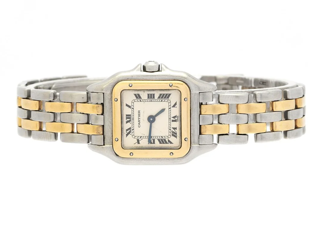 CARTIER, Panthère, Cal 66, Boett nr. 66921031827, damur, 21,5 x 21,5 (29,5) mm, stål/guld, quartz, safirglas (repor), skadad urtavla, skadad krona, originallänk (skadad, se bild, 2-radig), viklås, längd 145 mm, ca 1987. — Klockor/Cartier — Kaplans