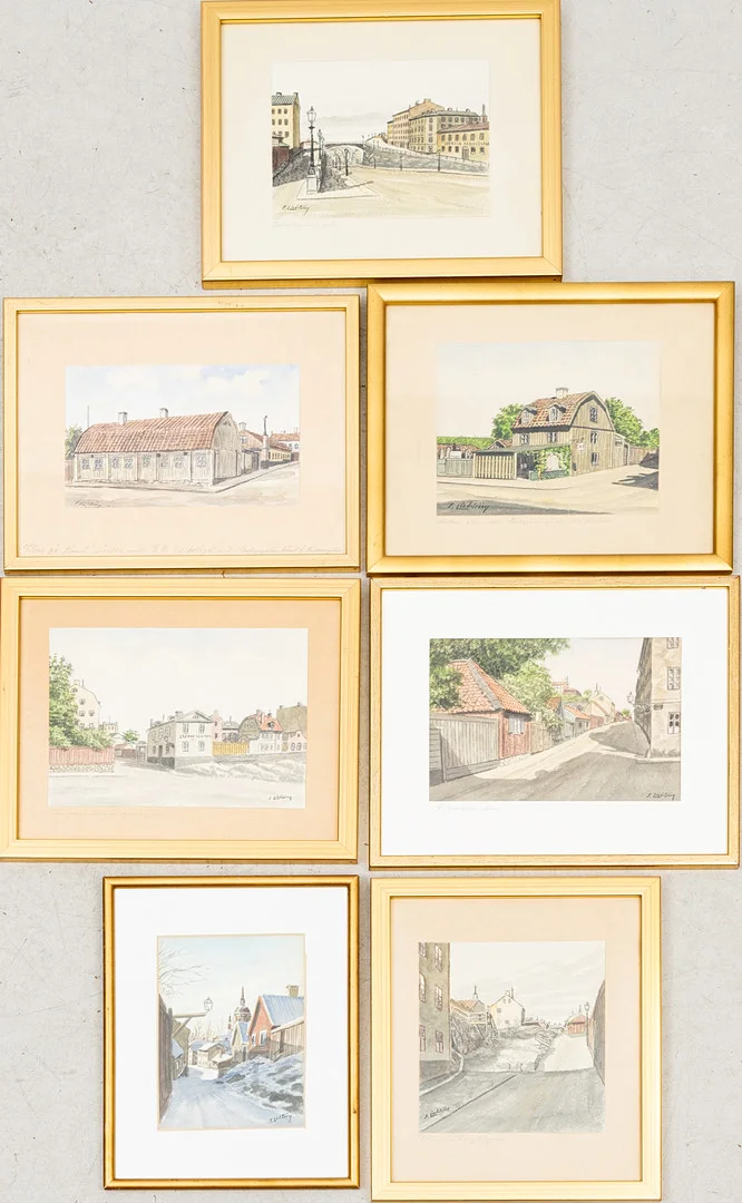 FRANS LINDSTRÖM. Stockholmsmotiv, 7 st, akvarell på papper, signerade. — Paintings — Auktionshuset Kolonn