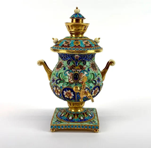 RUSSIAN ENAMELLED & GILT SILVER SAMOVAR.