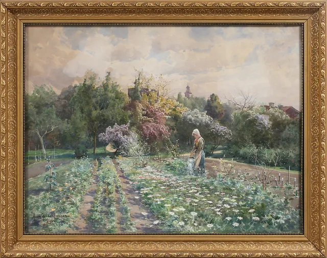ANNA GARDELL ERICSON. Bommande köksträdgård i Visby. Akvarell, signerad.