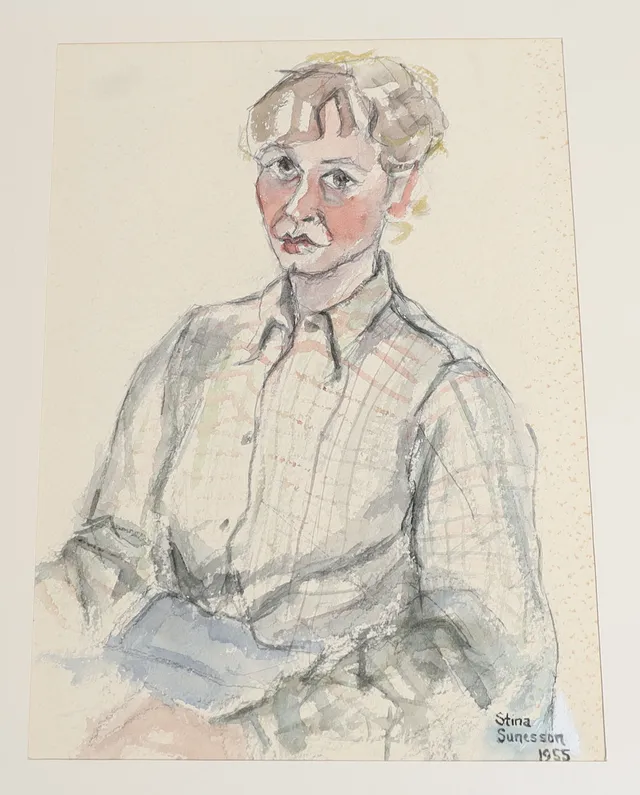 STINA SUNESSON. Motiv med kvinna, blandteknik, signerad och daterad 1955.